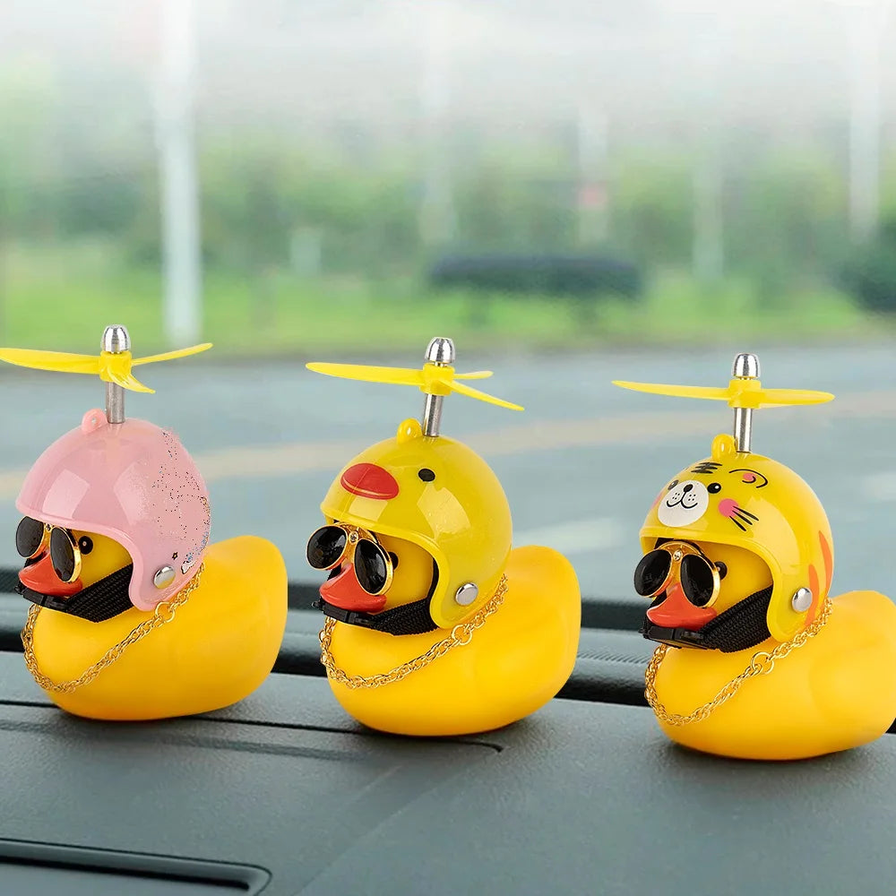 Rubber Duck Toy Motorcycle Bicycle Car Ornaments Yellow Duck Car Dashboard Decorations Cool Glasses Duck with Propeller Helmet