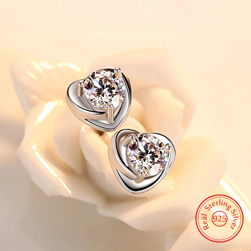 Genuine 925 Sterling Silver Fshion Jewelry Crystal Heart Stud Earrings For Women New XY0208