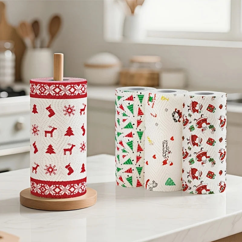 4Pcs Christmas Kitchen Paper Towels, Thick Three-Layer Roll Paper, Disposable Kitchen Cleaning Wet and Dry Dual-Use Household Thick Roll Paper, Disposable Kitchen Paper Towels, Washable Wet and Dry Dual-Use, Cleaning Supplies
