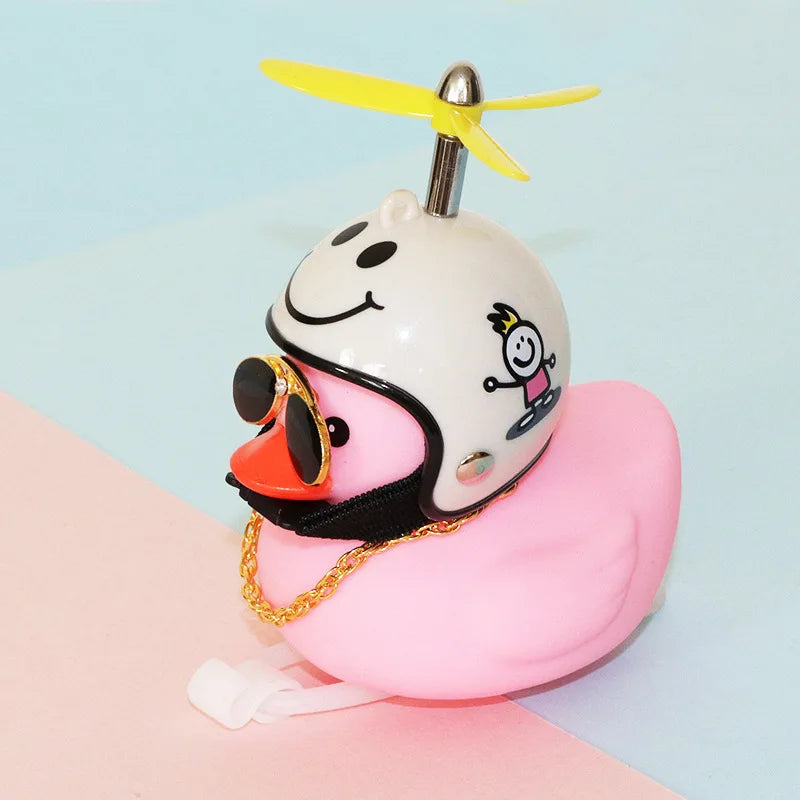 High Quality Pink Rubber Duck Bike Ornament with Sunglasses, gold Chain, propeller for Car Dashboard Bicycle Motorcycle Helmet