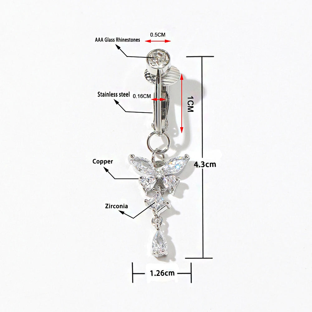 Fake Belly Butterfly Crystals Long Dangle Belly Button Rings Surgical Steel Navel Piercing Clip Umbilical Belly Body Jewelry