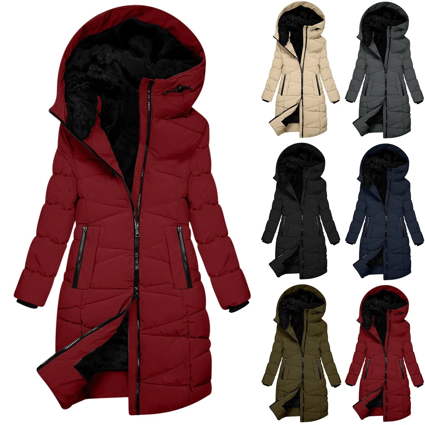 Hooded Cotton-Padded Jacket Warm Winter Coats For Women Windproof Down Quilted Long Jacket With Zipper Wool Coat For Women