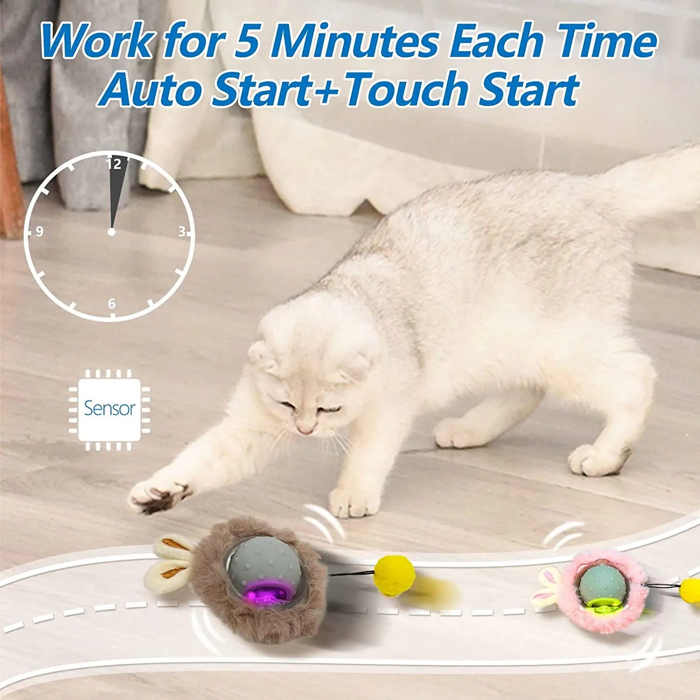 Rabbit Ear Cat Toy Ball Smart Interactive Cat Toys with Bird Sound LED Light Motion Activate Rolling Ball Electric Cats Toy