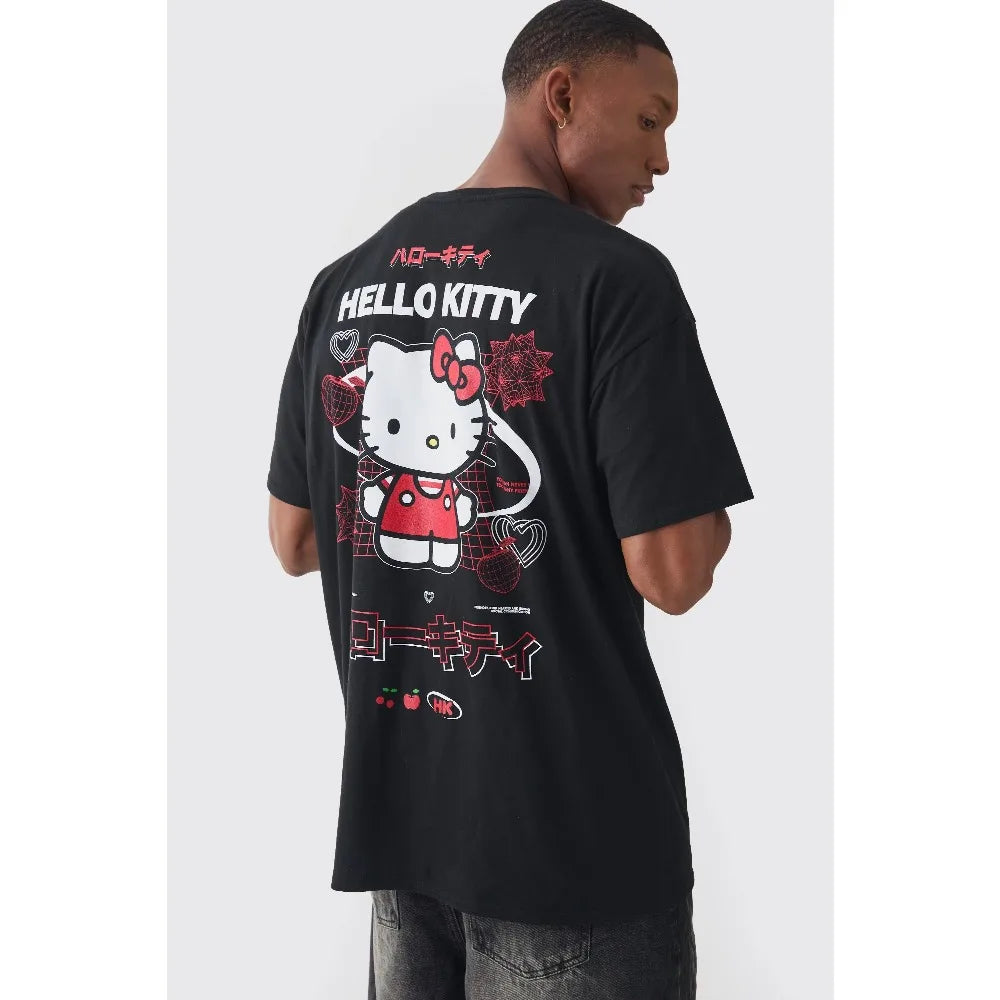 MINISO Hello Kitty Print T-shirt Men Women Street Hip Hop Cotton Short Sleeves Street Loose Couple Over-sized Soft Clothing Tee