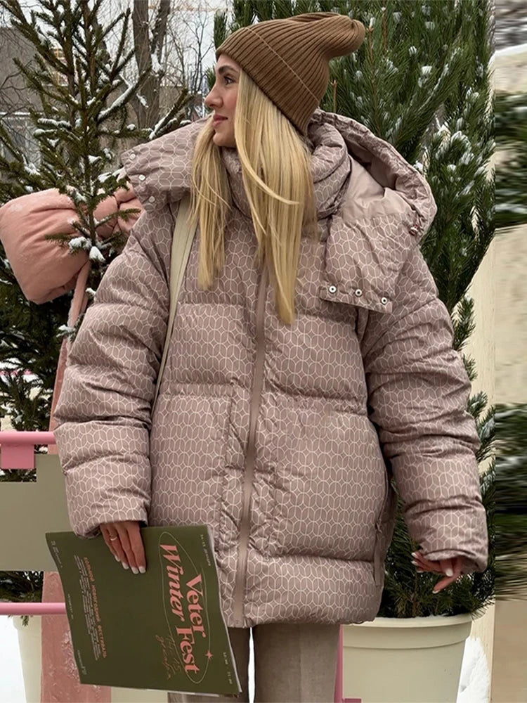 Print Puffy Women Winter Coats Casual Hooded Zipper Pocket Parkas Padded Jackets Vintage Lightweight Lady New In Outerwear