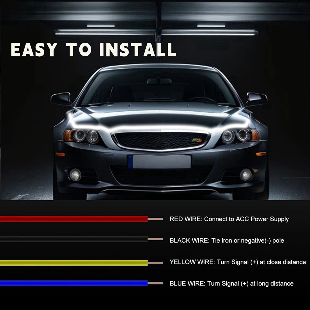 RGB Car LED Hood Lights Strip Dynamic Neon DRL Scan Start Sequential LED Daytime Running Lights with Turn Signal App Control
