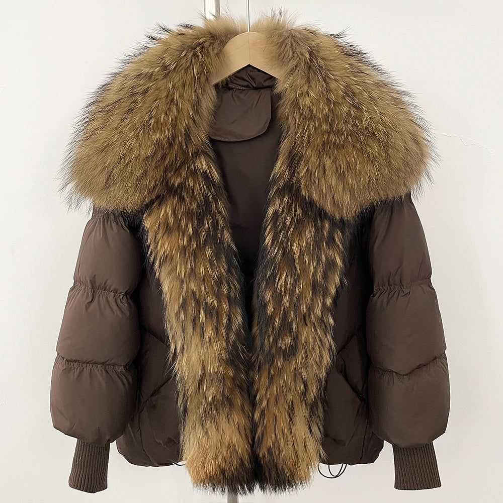 Puffer Coat Women Knit Sleeve Real Fur Coat New Winter Large Real Raccoon Fur White Duck Down Jacket Oversized Feather Parka