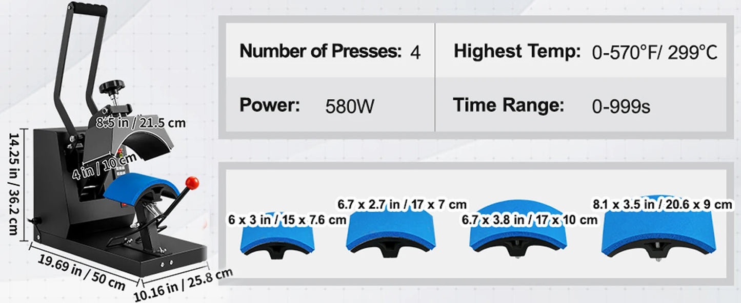 SucceBuy Hat Heat Press 4 in1 Cap Heat Press Machine 6x3inches Clamshell Transfer LCD Digital Timer Temperature Control