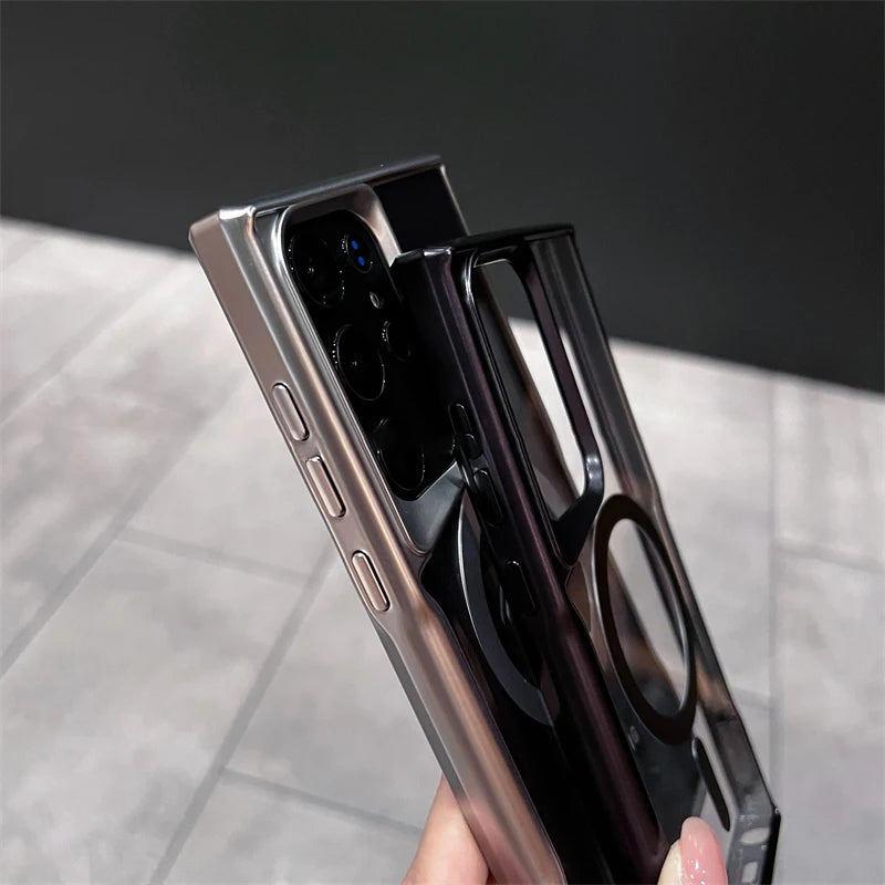 Luxury Plating Transparent Magnetic Wireless Charge Case For Samsung  S24 Ultra S23 S22 Acrylic Hard Shockproof Protection Cover