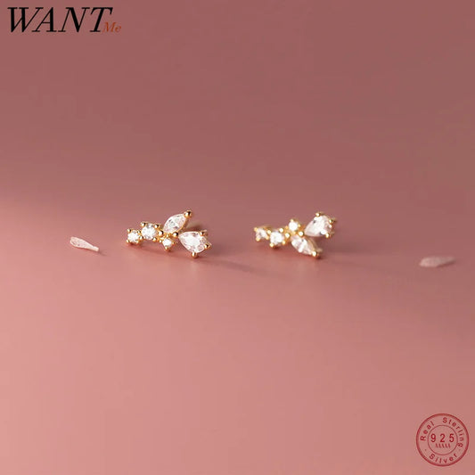 WANTME 925 Sterling Silver Cute Shiny Zircon Leaf Mini Small Stud Earrings for Women Fashion Korean Teenager Daily Wear Jewelry