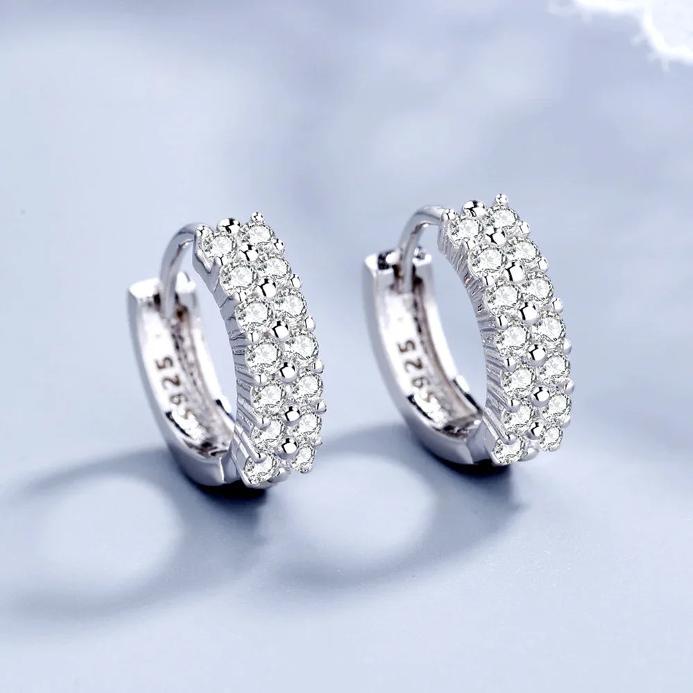 Fine 925 Sterling silver original Double row crystal Round Earrings Stud for women Fashion Jewelry Engagement Party Gifts