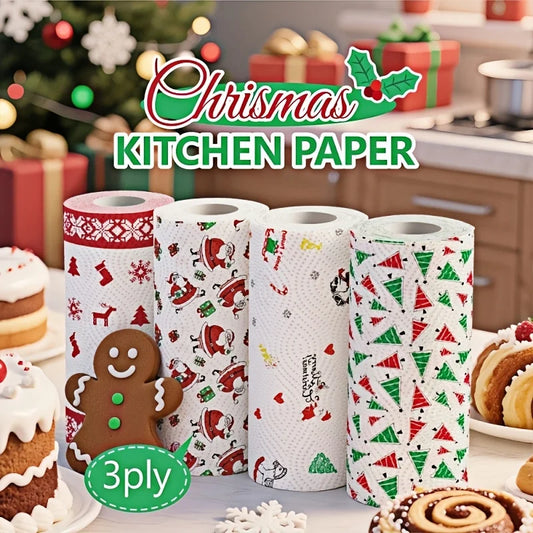 4Pcs Christmas Kitchen Paper Towels, Thick Three-Layer Roll Paper, Disposable Kitchen Cleaning Wet and Dry Dual-Use Household Thick Roll Paper, Disposable Kitchen Paper Towels, Washable Wet and Dry Dual-Use, Cleaning Supplies