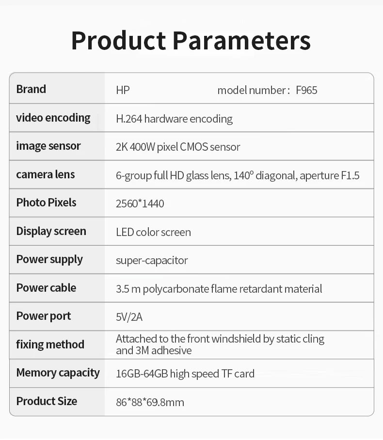 HP F965 In-Car Camera Dash Cam Ultra HD Night Vision WiFi Digital Video Recorder Loop Recording Parking Monitoring In-Car Camera