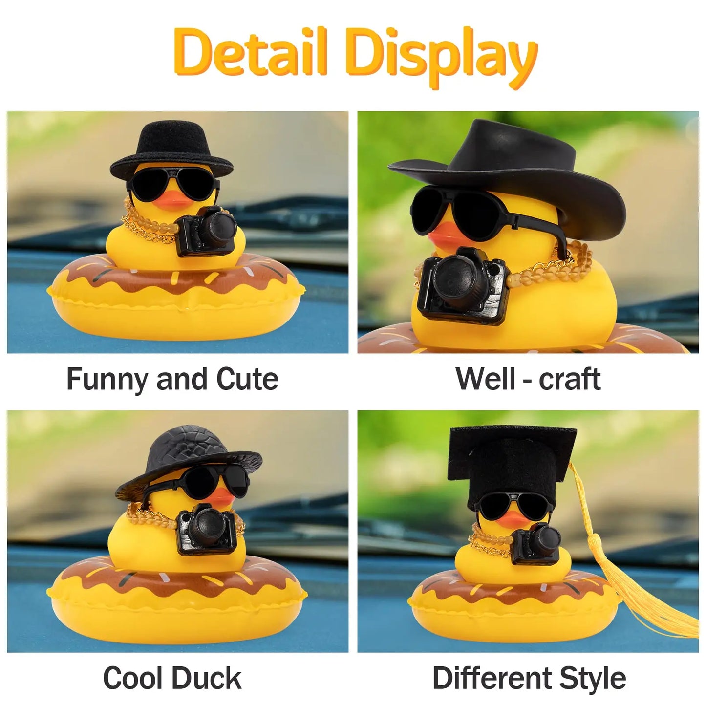 Rubber Duck Dashboard Decorations Camera Duck Car Accessories for Car Ornament with Mini Hat Swim Ring Necklace and Sunglasses