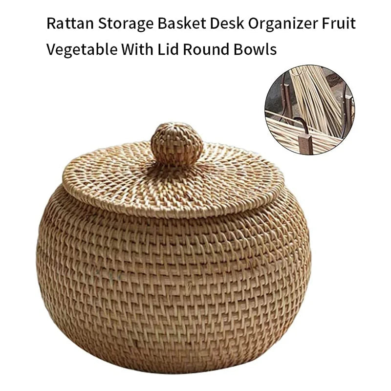 Wicker Storage Basket With Lid Round Fruit Basket Natural Rattan Lightweight Hand-Woven Storage Basket Home Sundries Snack Box