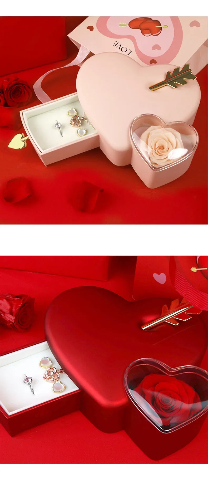 Christmas Creative Heart-piercing Jewelry Box with Eternal Rose Preserved Flowers Party Drawer Box Design Valentine's Day Gifts