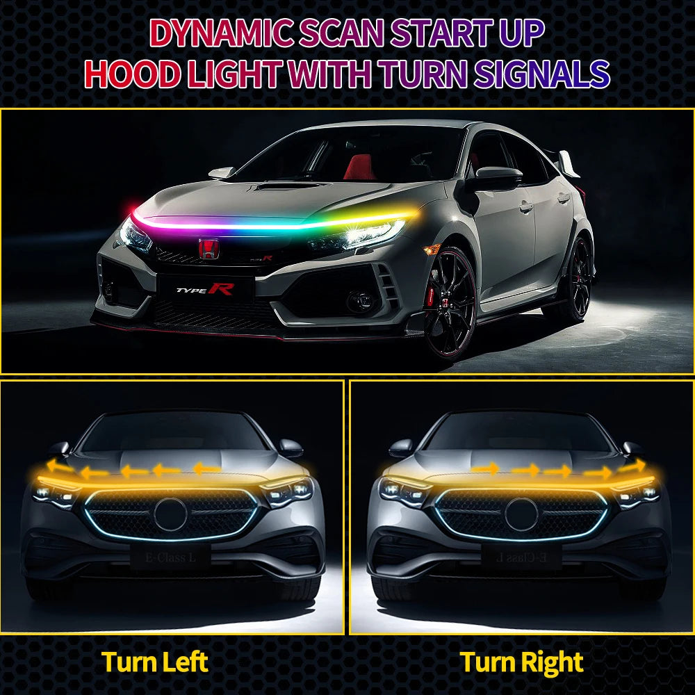 RGB Car LED Hood Lights Strip Dynamic Neon DRL Scan Start Sequential LED Daytime Running Lights with Turn Signal App Control