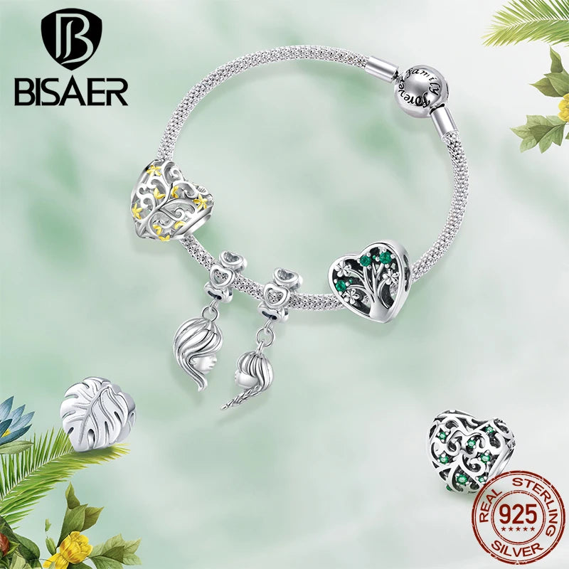 BISAER 100% 925 Sterling Silver Tree Of Life Charms Beads Life Family Fit Women Original DIY Bracelet Necklace Fine Jewelry Gift