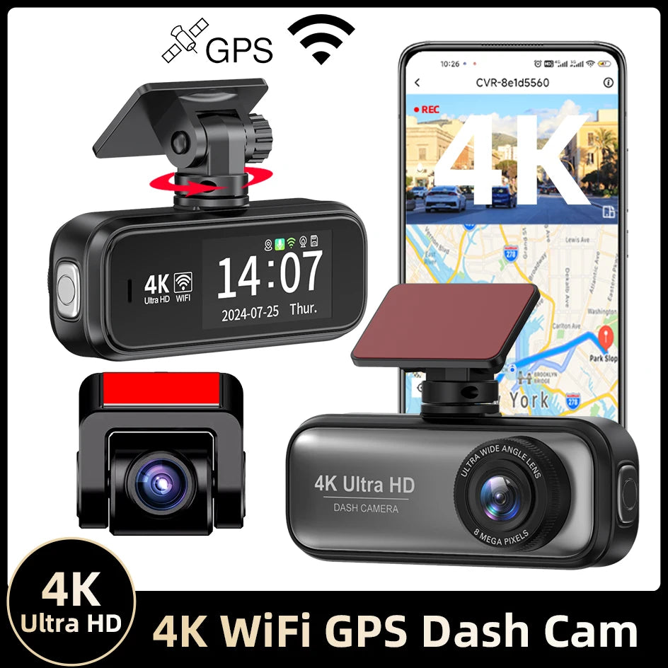 Dash Cam Car Camera Dual Lens 4K UHD Recording DVR Night Vision Video Recorder Built-In Wi-Fi Support GPS 24H Parking Car Camera