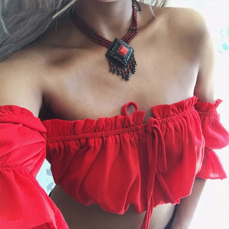Crop tops women 2024 summer lantern sleeve sexy strapless beach tops red black white ruched crop top