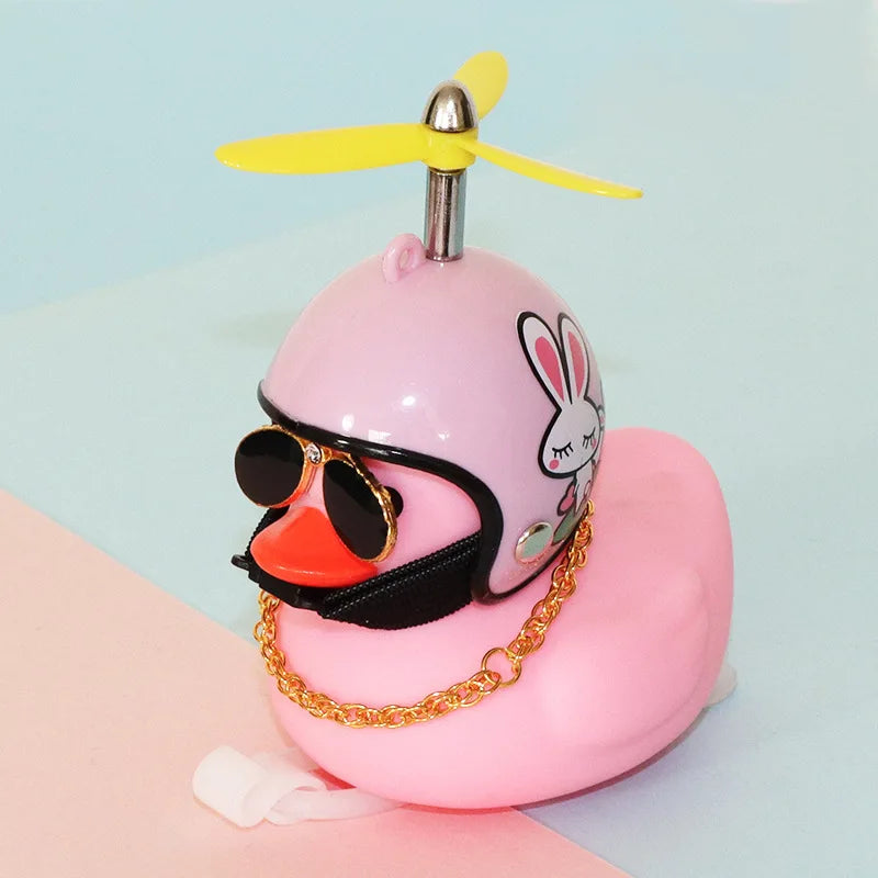 High Quality Pink Rubber Duck Bike Ornament with Sunglasses, gold Chain, propeller for Car Dashboard Bicycle Motorcycle Helmet
