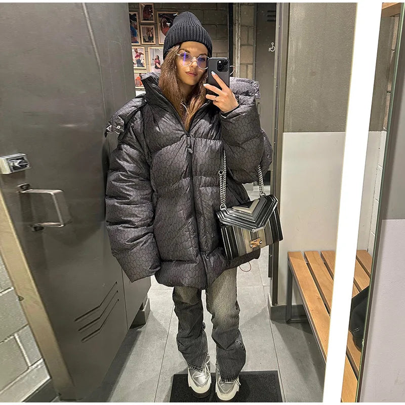 Print Puffy Women Winter Coats Casual Hooded Zipper Pocket Parkas Padded Jackets Vintage Lightweight Lady New In Outerwear