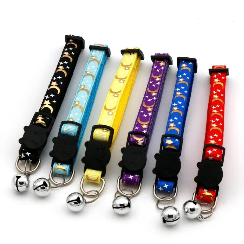 Pet Foil Moon Star Print Cat Dog Collar Cute Adjustable Safety Buckle Puppy Kitten Collar with Bell Dog Cat Accessories