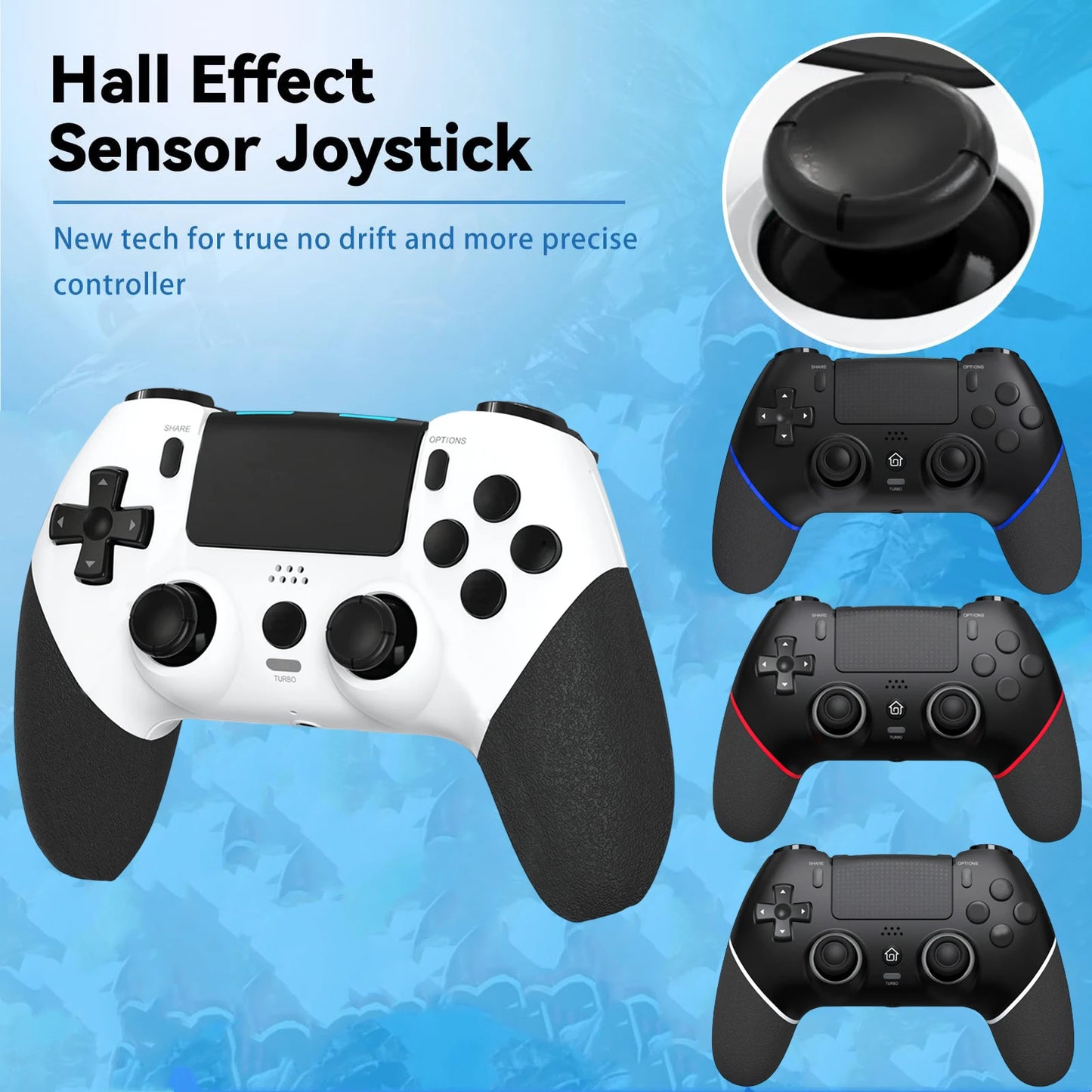 Wireless Controller Turbo Bluetooth-Compatible Game Controller Dual Vibration Hall Effect Joystick for PS4/PS4 Pro/PS4 Slim/PC