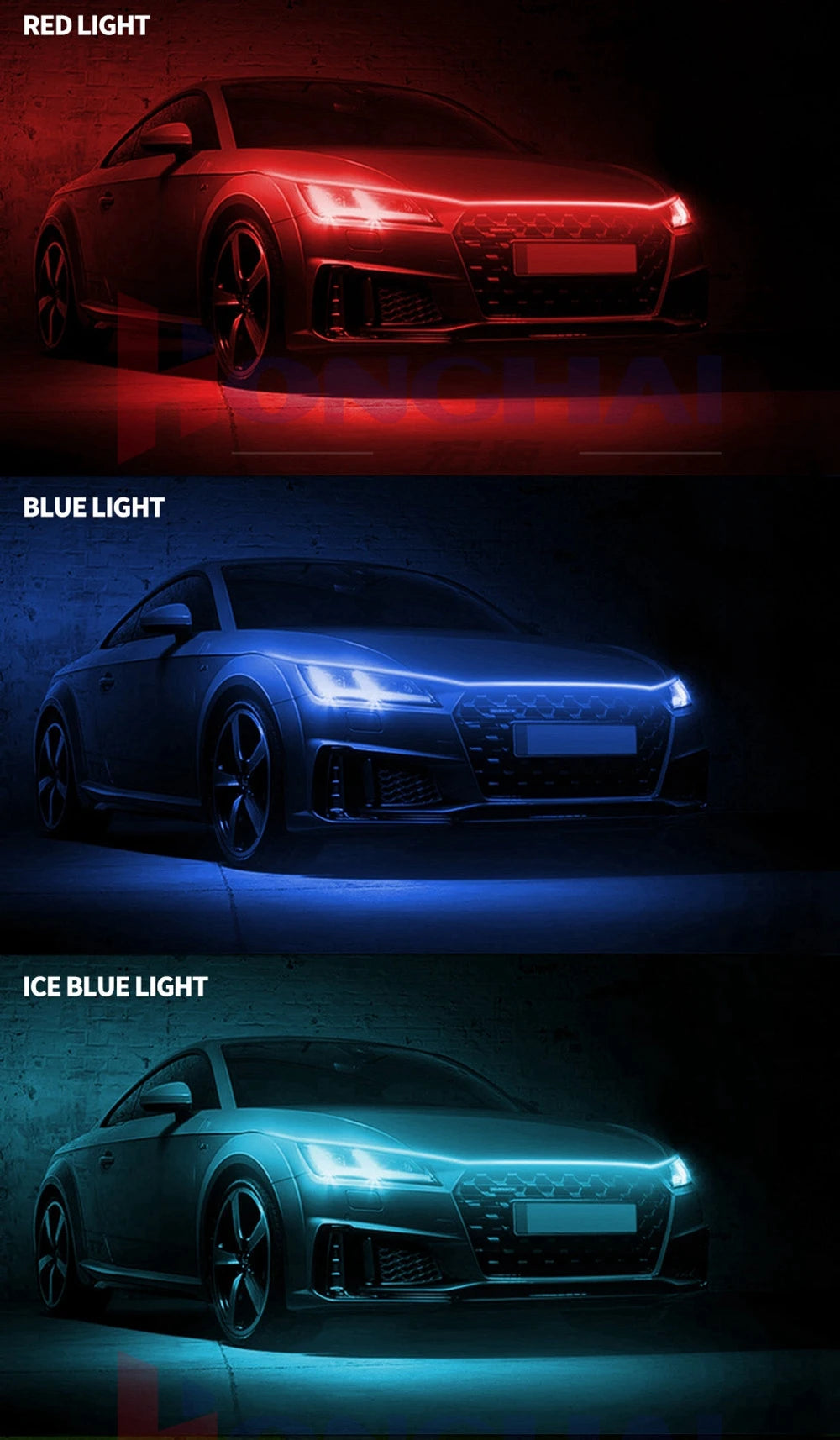 RGB Car LED Hood Lights Strip Dynamic Neon DRL Scan Start Sequential LED Daytime Running Lights with Turn Signal App Control