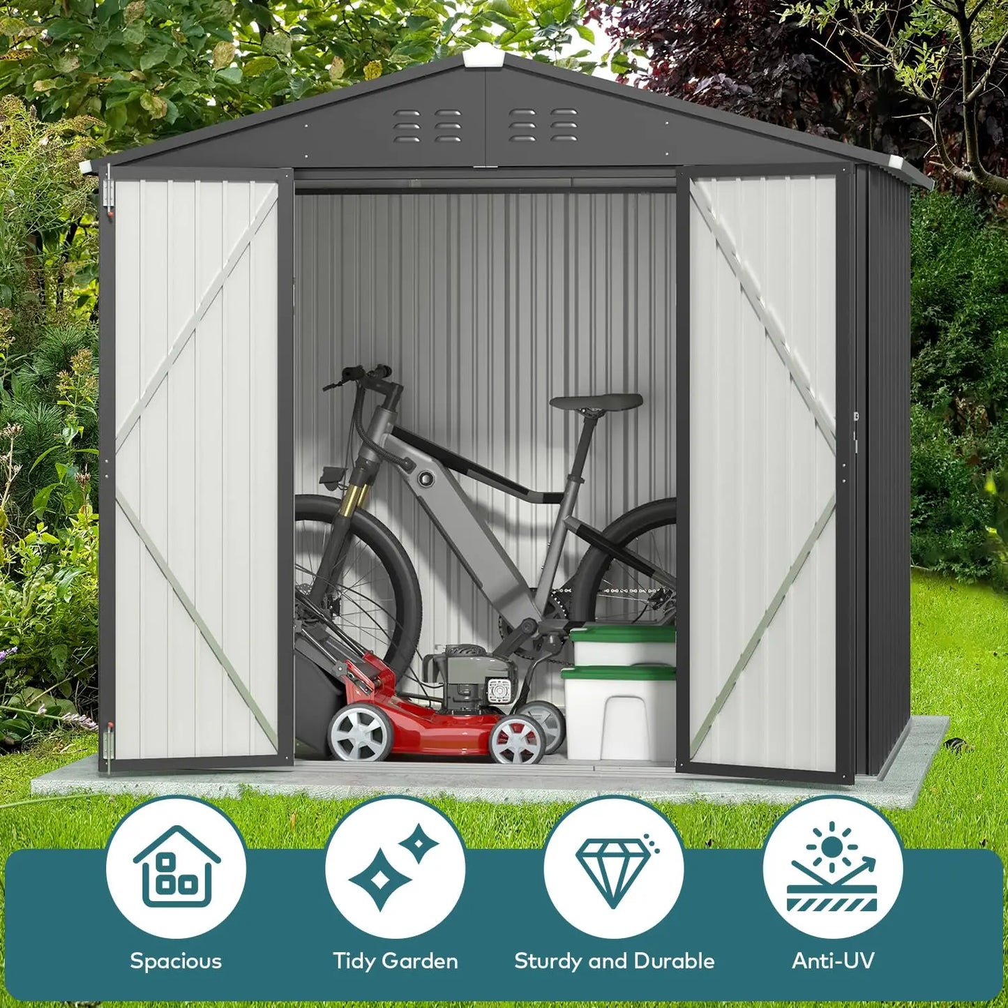 Outdoor Storage Shed 8 x 6 FT, Galvanized Metal Garden Shed with Double Lockable Doors, Outdoor Storage Clearance, Customized