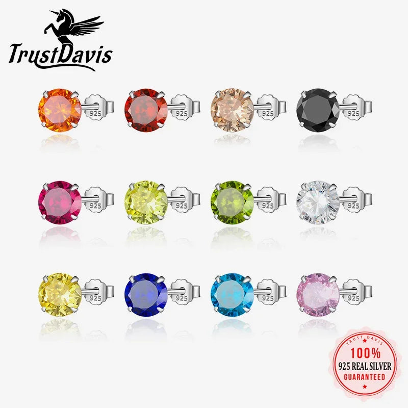 TrustDavis Real 925 Sterling Silver Sweet Round Zircon Colorful Earrings for Daughter Children Birthday Gift Jewelry DS4084