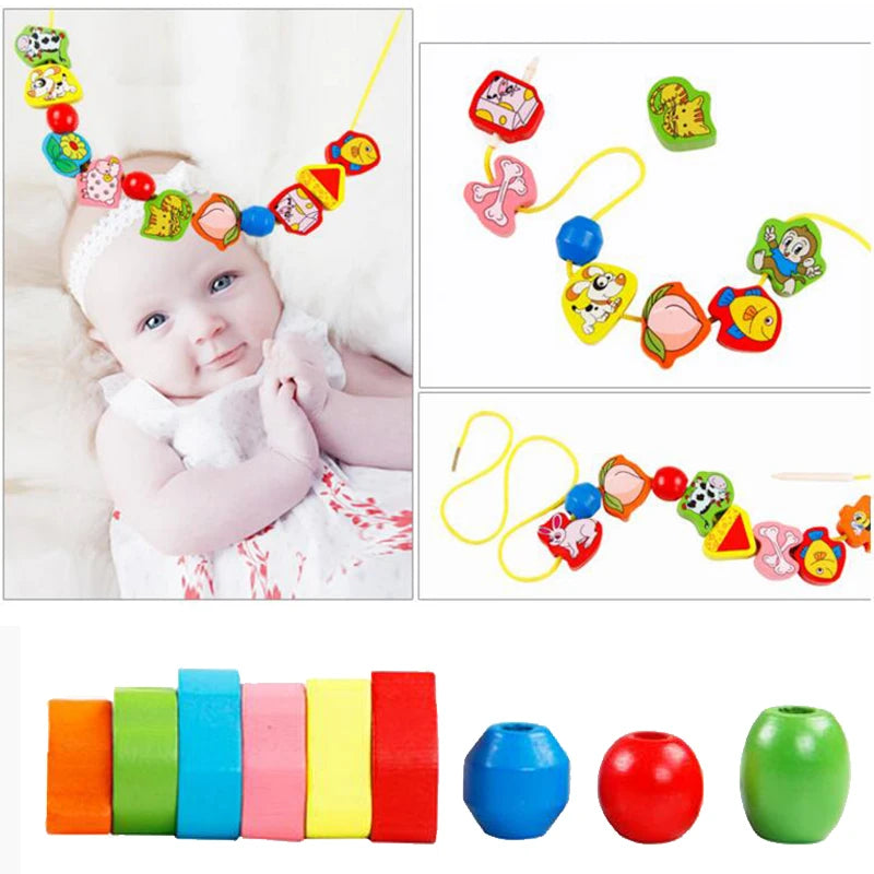 Wooden Toys Baby DIY Toy Cartoon Fruit Animal Stringing Threading Wooden beads Toy Monterssori Educational for Kids