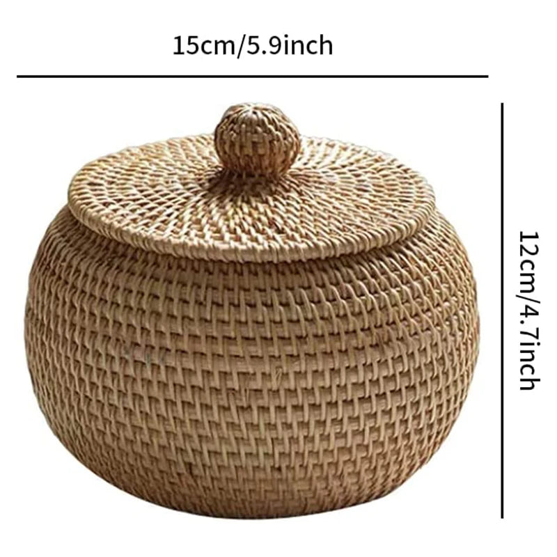 Wicker Storage Basket With Lid Round Fruit Basket Natural Rattan Lightweight Hand-Woven Storage Basket Home Sundries Snack Box