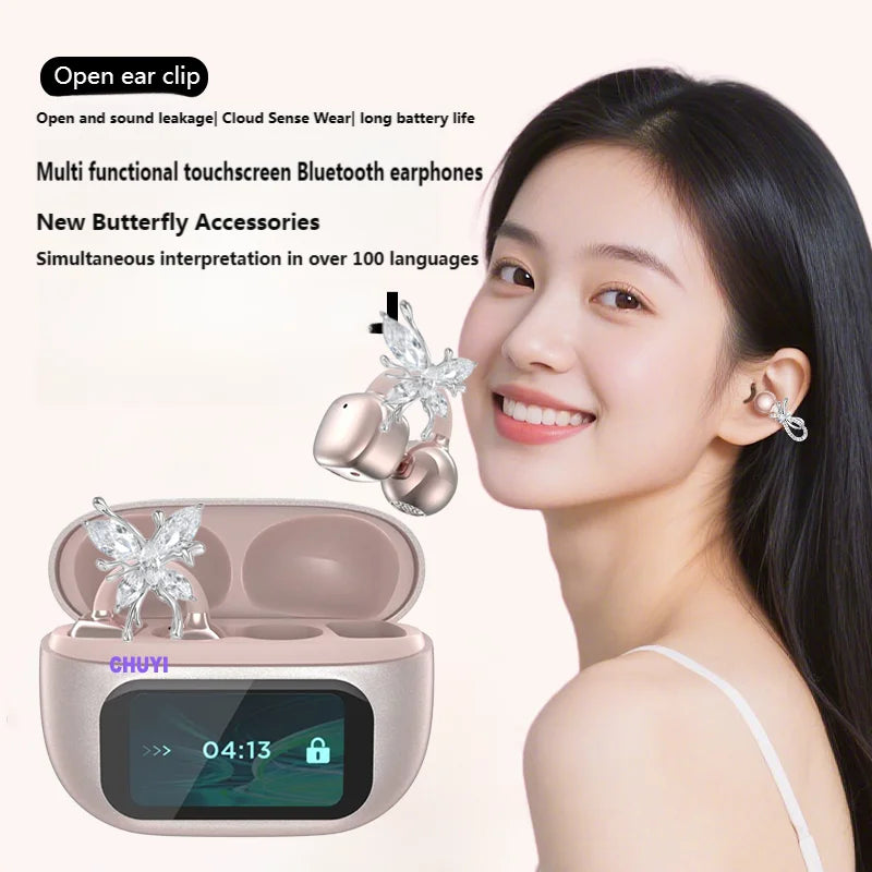 Butterfly Earrings Bluetooth 5.4 Headphone AI Translator Long Battery Life Touch screen Clip on Jewelry Earphones For Girls Gift