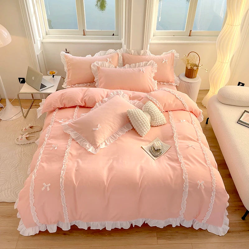 Pink Lace Ruffle Bowknot Duvet Cover Bed Sheet And Pillowcases Luxury Princess Bedding Set For Girls Woman Decor Home