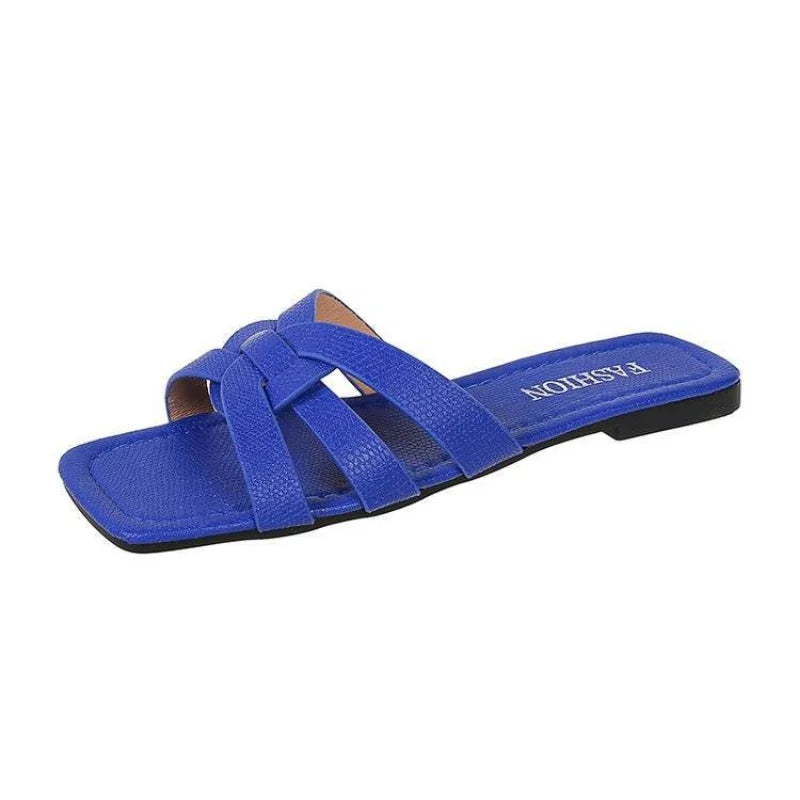 Retro Women Roman Summer Women Slippers Woven Design Flat Heels Squared Toe Soft Bottom Flip Flops Beach Ladies Slides Plus Size