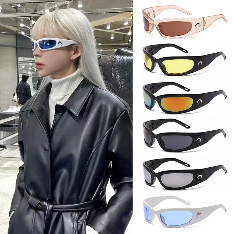 1pc Trendy Designed Moon Rectangular Sunglasses Women Men Outdoor Cycling Sports UV400 Sunglass Vintage Hip Hop Punk Sun Glasses