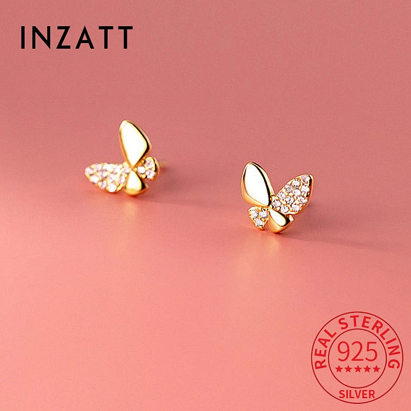 INZATT Real 925 Sterling Silver Tiny Zircon Butterfly Stud Earrings For Fashion Women Cute Fine Jewelry 18k Gold Accessories