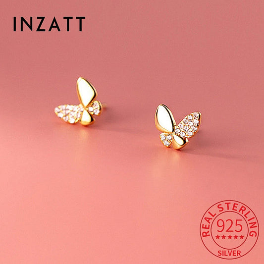 INZATT Real 925 Sterling Silver Tiny Zircon Butterfly Stud Earrings For Fashion Women Cute Fine Jewelry 18k Gold Accessories