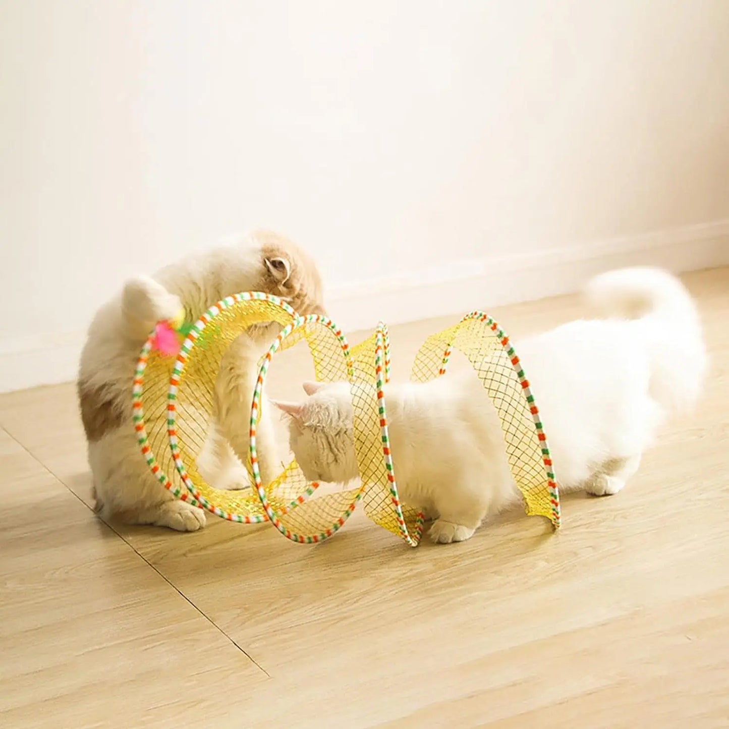 Folding Cat Tunnel S Shape Spring Type Cat Tunnel Toy With Plush Mouse And Feathers Spiral Tunnel Interactive Cat Toy