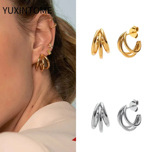 925 Sterling Silver Ear Needle Vintage C Shape Earrings For Women Triple Open Circle Piercing Stud Earrings Fashion Jewelry