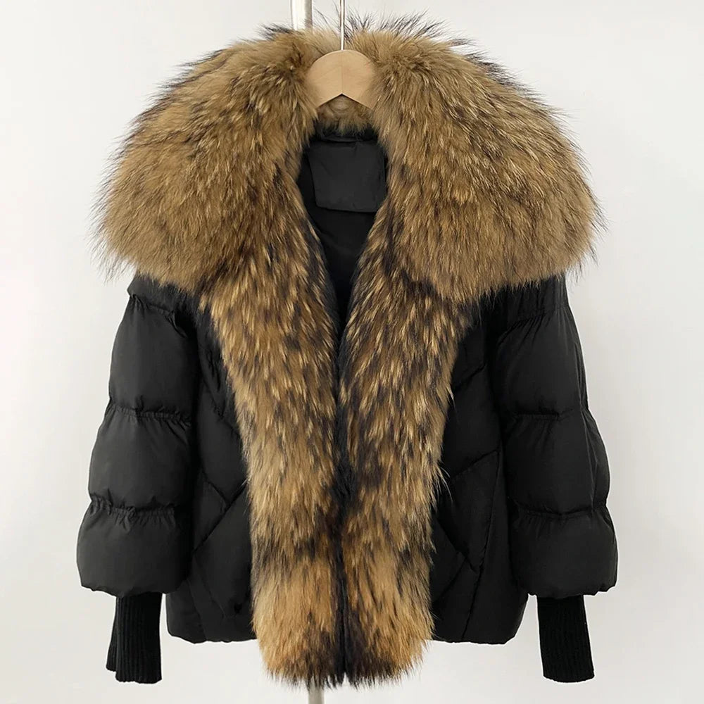 Puffer Coat Women Knit Sleeve Real Fur Coat New Winter Large Real Raccoon Fur White Duck Down Jacket Oversized Feather Parka