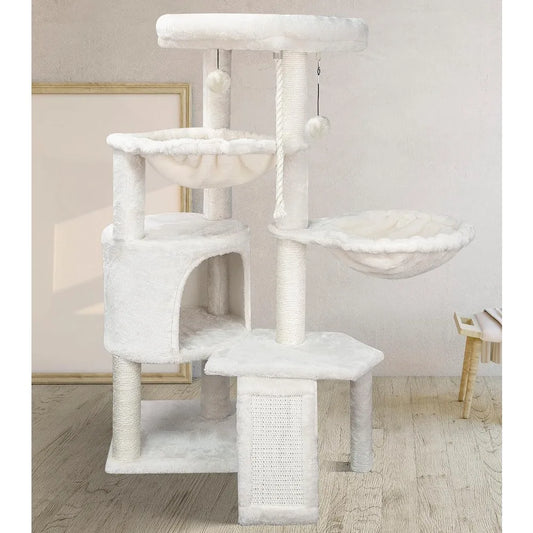 Three Layer Cat Tree with Cat Condo Scratch Pad and Two Hammocks,Beige