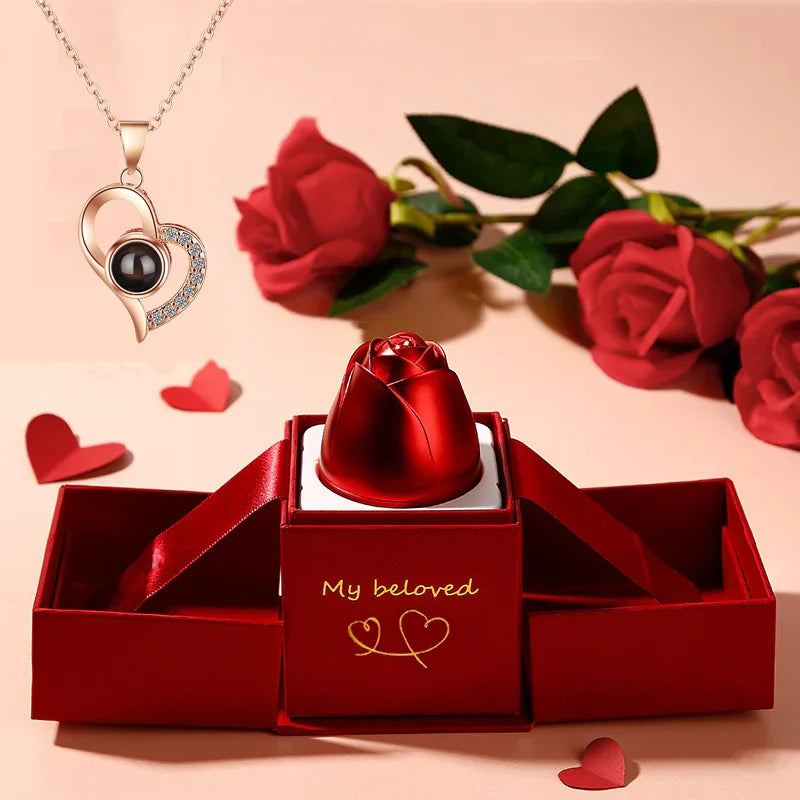 New in Rose Jewelry Box for Necklace Pendant Valentine's Day Gift Organizer Plastic Plastic Paper Lifting Packaging Display Box