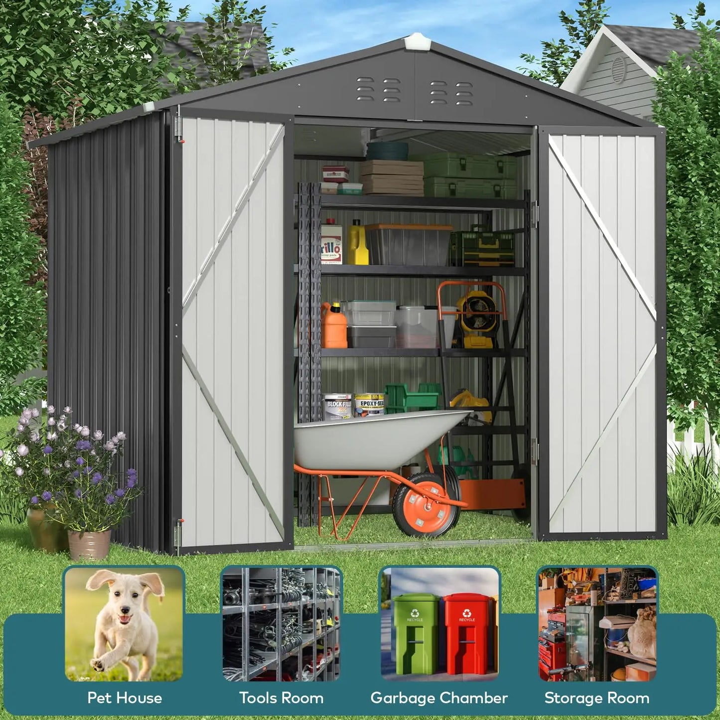 Outdoor Storage Shed 8 x 6 FT, Galvanized Metal Garden Shed with Double Lockable Doors, Outdoor Storage Clearance, Customized