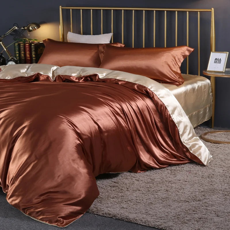 Silk Bedding Set with Duvet Cover Fitted/Flat Bed Sheet Pillowcase Luxury Satin Bedsheet Solid Color King Queen Twin Size