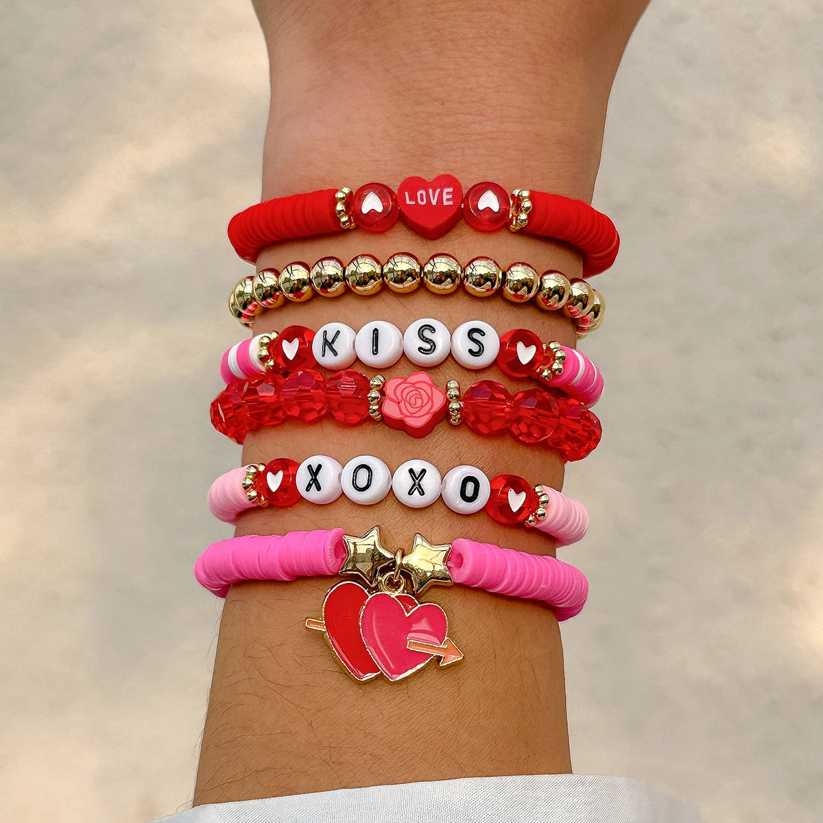 Happy Valentine's Day Card Colorful Polymer Clay Soft Chain Bracelets for Women Kpop Two Heart Bangles Couple Friends Jewelry