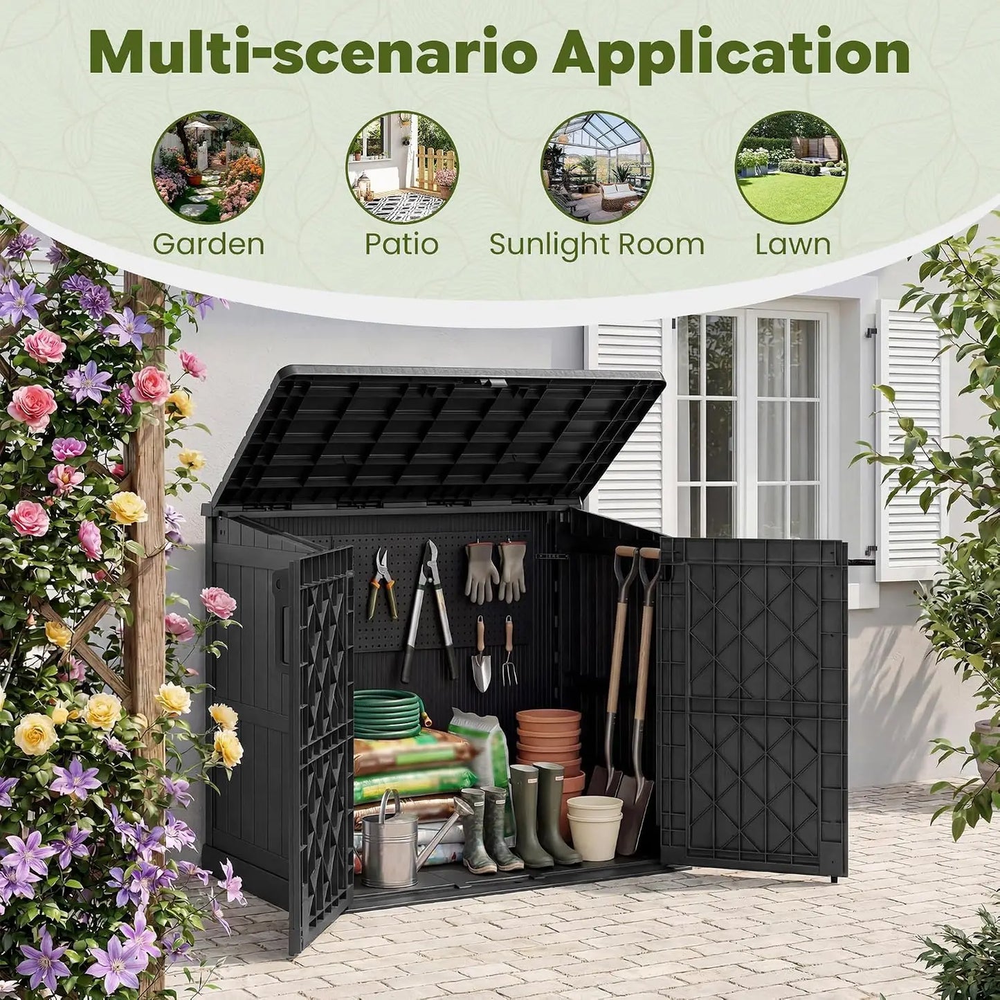 36 Cu Ft Horizontal Resin Outdoor Storage Cabinet, Portable Waterproof Shed Box with Lockable Doors for Backyards and Patios, Ashen