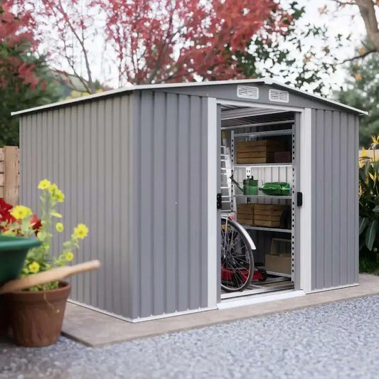 6Ft X 8Ft Outdoor Metal Storage Shed, Garden Shed Tool House With Lockable Double Doors & Vents