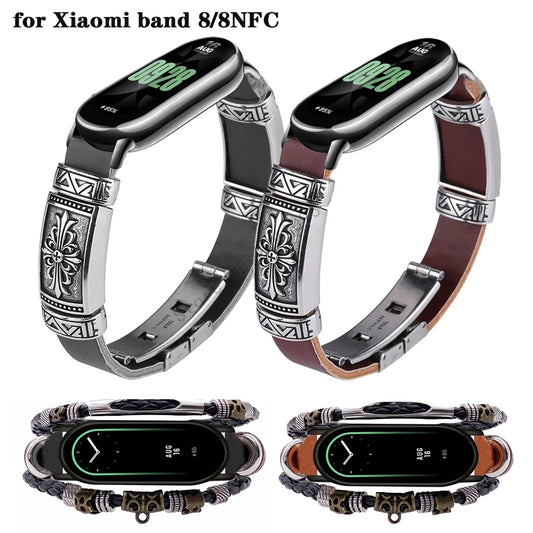 Smart Bracelet Strap Metal+Leather Watchband For Xiaomi Mi Band 8 Replacement Wrist Strap For Mi Band 8 NFC MiBand 8 Watchstrap